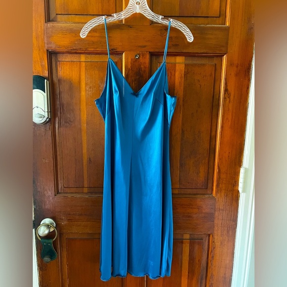 Vintage Blue Satin Slip Dress – Spaghetti Strap Midi 90s Lingerie Style Size S/M - Picture 1 of 7